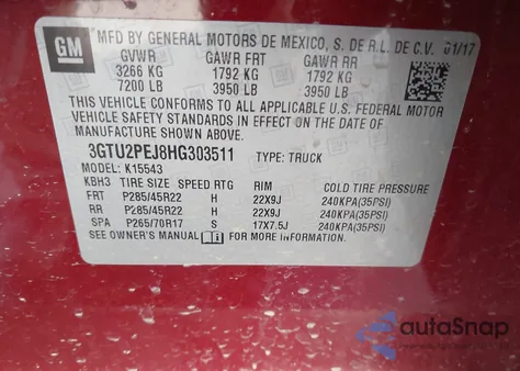 2017 GMC Sierra 1500 Denali z USA, uszkodzony, nr VIN 3GTU2PEJ8HG303511